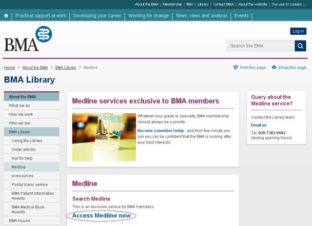 Screen shot of Medline service home page on the BMA website